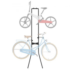 Black adjustable steel vertical wall rack holding two bikes, one blue and one gray.