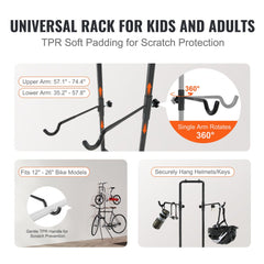 Adjustable black steel vertical wall rack for two bikes with padded arms and hooks for helmets and keys.