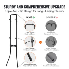 Comparison of Bostome adjustable steel black 2-bike vertical wall rack with triple anti-tip design, sturdy wall anchors, durable knobs, and full-cover foot pads versus competitors' less stable versions.