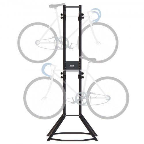Black adjustable steel storage rack for four bikes with a compact vertical design.