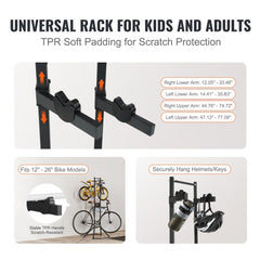 Black adjustable steel 4-bike gravity storage rack with TPR padding and accessory hooks.