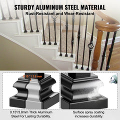 Black aluminum alloy baluster shoes are shown with thickness and spray coating details.