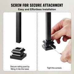 Two images show how to install a black square baluster shoe with a screw.