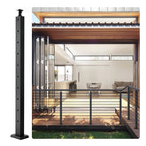 Black stainless steel cable railing post with adjustable bracket for decks and stairs.