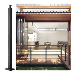 Black stainless steel cable railing post with adjustable bracket for decks and stairs.