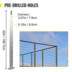 Stainless steel cable railing post with adjustable bracket and pre-drilled holes for easy installation.