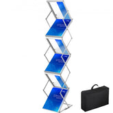 Aluminum magazine holder stand with six double-sided pockets for A4 brochures and magazines.