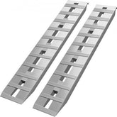 Pair of 60x12x2.5 inch aluminum trailer ramps with serrated rungs and grappling hooks