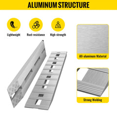 Pair of 60x12-inch aluminum trailer ramps with lightweight, rust-resistant structure and high-strength serrated rungs.