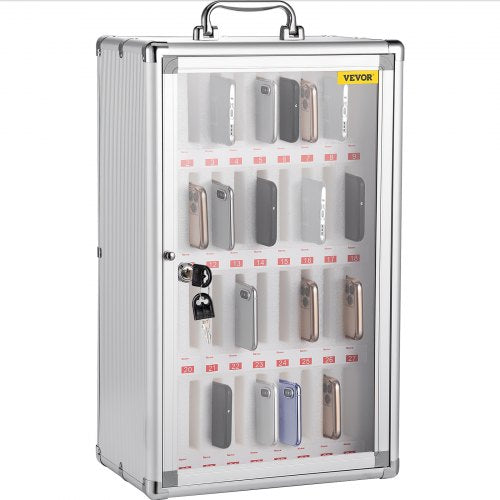 Silver aluminum cell phone storage cabinet with 36 slots and key lock for secure organization.