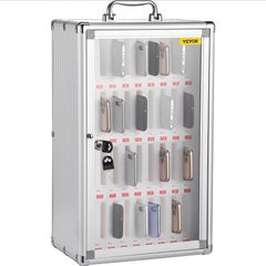 Silver aluminum cell phone storage cabinet with 36 slots and key lock for secure organization.