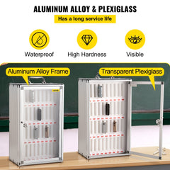 Silver aluminum cell phone storage cabinet with 36 slots and key lock for secure organization.