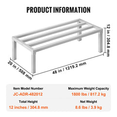 Aluminum dunnage rack measuring 48x20x12 inches with 1800 lbs capacity.