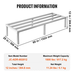 Heavy-duty aluminum dunnage rack, 60"x20"x12", with welded construction and rubber feet.