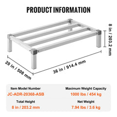 Aluminum dunnage rack frame measuring 36x20x8 inches with 1000 lbs capacity.
