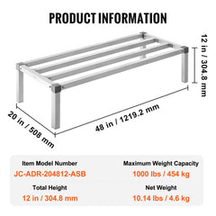 Aluminum dunnage rack frame measuring 48x20x12 inches with 1000 lbs capacity.