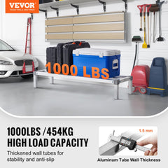 Bostome Aluminum Dunnage Rack, 48" x 14" x 8", 1000 lbs capacity, in garage with stored items.