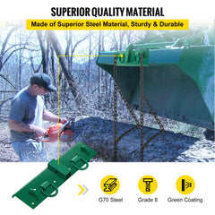 Pair of green 1/4-inch G70 forged bolt-on grab hooks with chains attached to a green bucket.