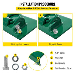 Diagram of installing green bolt-on grab hook: line up holes and fix with 1.5" bolts, washers, lock nuts, and 70-degree bent side.
