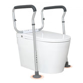 Adjustable toilet safety rail with padded armrests and silver frame for 300lbs support.