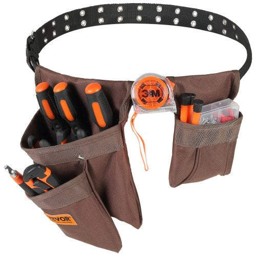 Brown adjustable polyester tool belt with 13 pockets, orange-handled tools, tape measure, and Bostome logo.