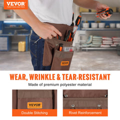 Brown polyester adjustable tool belt with 13 pockets, worn by a worker holding tools.