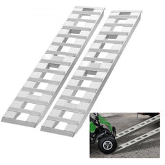 Pair of 72-inch by 15-inch aluminum loading ramps with 6000 lbs capacity, shown loading a green go-kart.