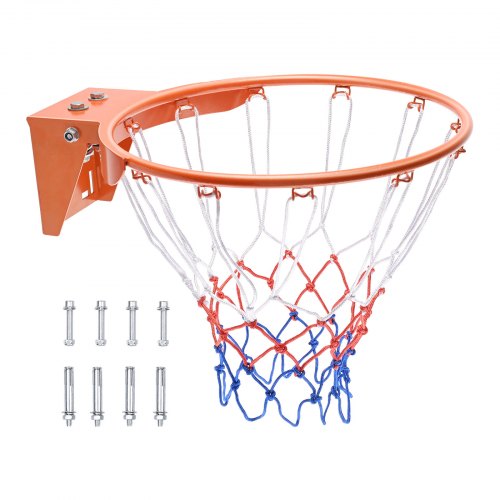 Orange 18-inch heavy duty basketball rim with white net and mounting hardware.