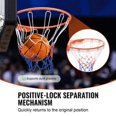 18-inch heavy duty Q235 basketball rim with orange ball, blue net, and dunk support mechanism.