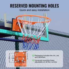 Orange 18-inch heavy duty basketball rim with blue and red net mounted on a backboard.