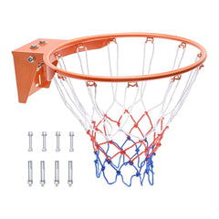 Orange 18-inch heavy duty basketball rim with white, red, and blue net and mounting hardware.