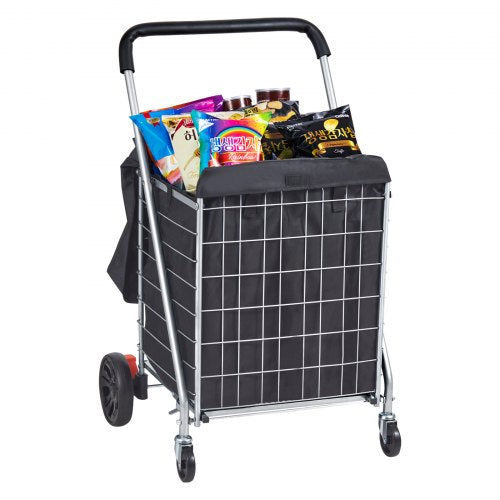 Silver Bostome folding shopping cart with swivel wheels and 200 lbs capacity.