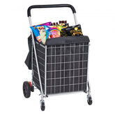 Silver Bostome folding shopping cart with swivel wheels and 200 lbs capacity.