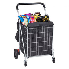 Silver Bostome folding shopping cart with swivel wheels and 200 lbs capacity.