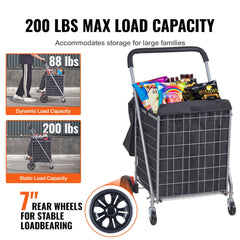 Silver Bostome folding shopping cart with swivel wheels and a 200 lbs capacity.