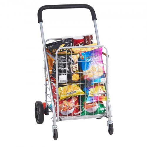 Silver Bostome folding shopping cart with swivel wheels and a 110 lbs capacity for easy transport.