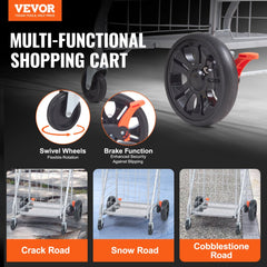 Silver Bostome folding shopping cart with swivel wheels and 110 lbs capacity.