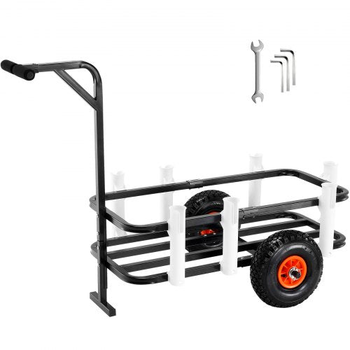 A black fishing cart with orange-rimmed wheels and white rod holders, with tools in the background.