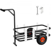 A black fishing cart with orange-rimmed wheels and white rod holders, with tools in the background.