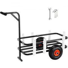A black fishing cart with orange-rimmed wheels and white rod holders, with tools in the background.