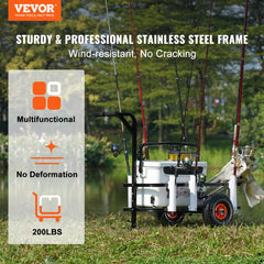 Beach fishing cart with 200 lbs capacity, 11-inch balloon tires, and 7 rod holders on a stainless steel frame.