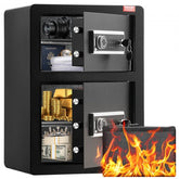 Black double-door fireproof safe box with key lock and password keypad, open to show storage for documents, cash, and valuables.