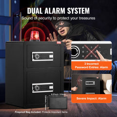 Black double-door fireproof safe box with key lock, password keypad, and dual alarm system.