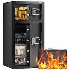 Black double-door safe box with key lock, open to show storage for cash, passport, jewelry, and camera.