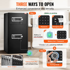 Infographic showing three ways to open a black double-door safe box: key, password, and external battery.
