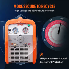 Orange Bostome 1 HP dual-cylinder refrigerant recovery machine with gauges, controls, and safety indicators.