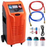 Orange Bostome dual-cylinder refrigerant recovery machine with red and blue hoses, valves, and accessories.