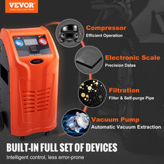 Orange fully automatic dual-cylinder refrigerant recovery machine with built-in compressor, vacuum pump, electronic scale, and filtration system.
