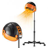Black hooded ionic hair dryer on adjustable stand with wheels, timer, and orange accents.