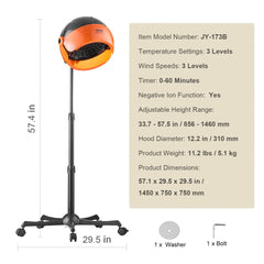 Black and orange ionic hooded hair dryer with adjustable height and wheeled base.